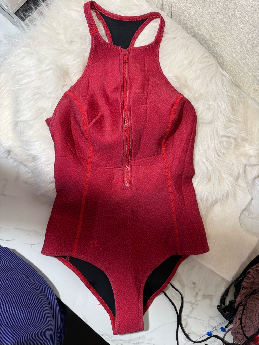 Level six Racerback Zip Front One-Piece Swimsuit in Red Neoprene